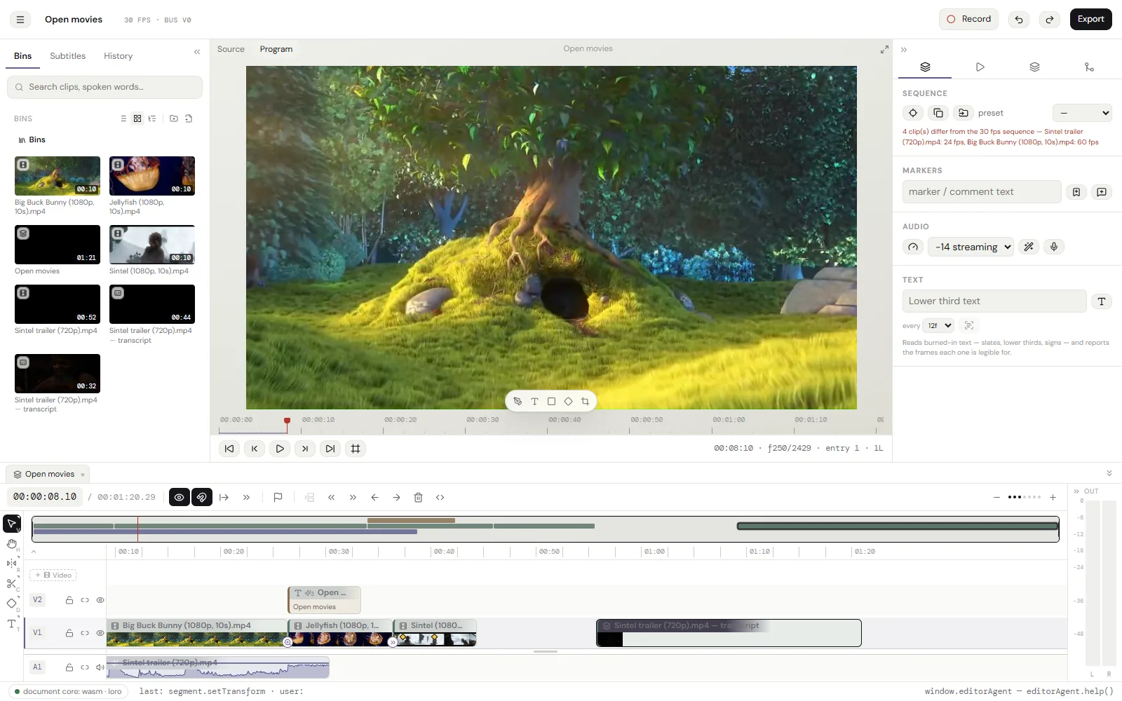 The cutvid editor: a bin of clips, the programme monitor on a forest scene, and a timeline with four clips, a title and a music track