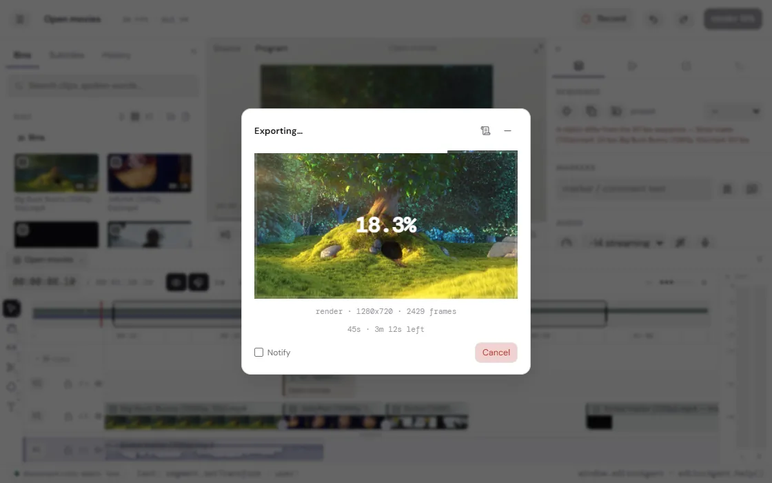 An export in progress: the frame being encoded, with the count and the time left