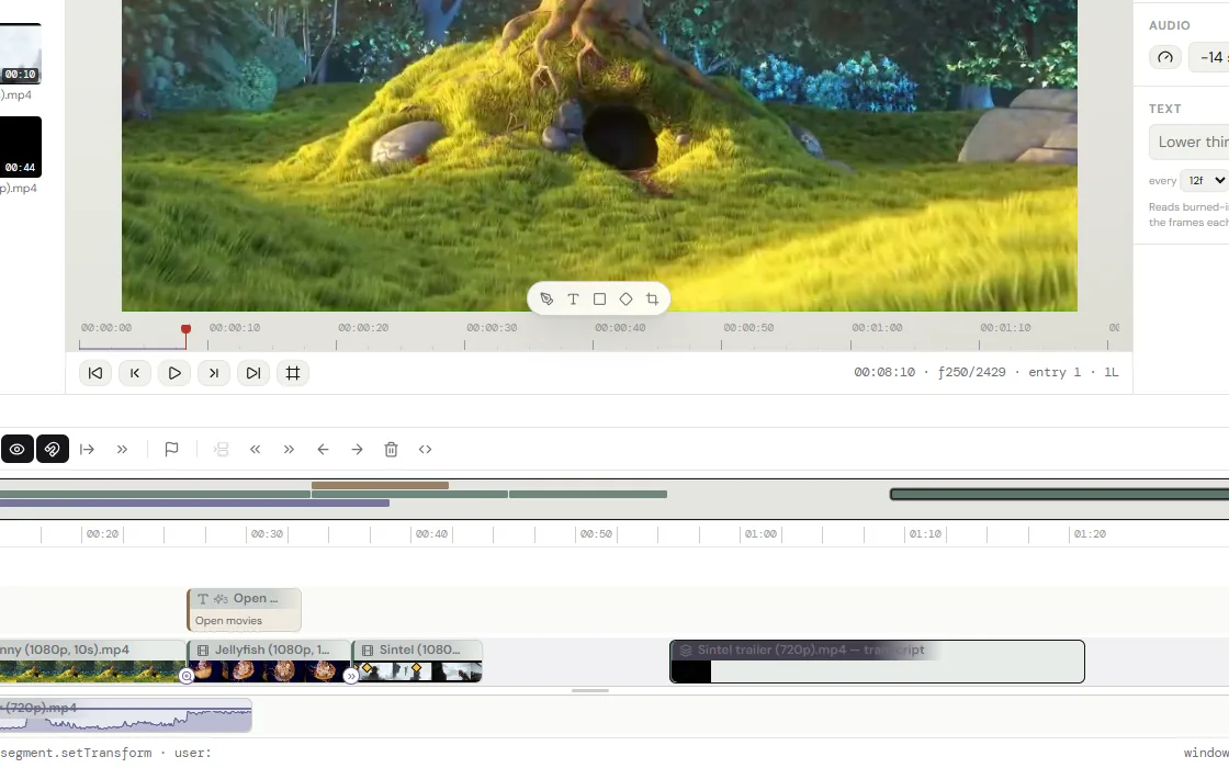 The timeline: four clips with a crossfade and a push, a title on the track above, music beneath