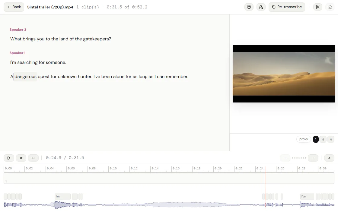 The transcript editor: two speakers’ lines over a scene, with a filmstrip beneath